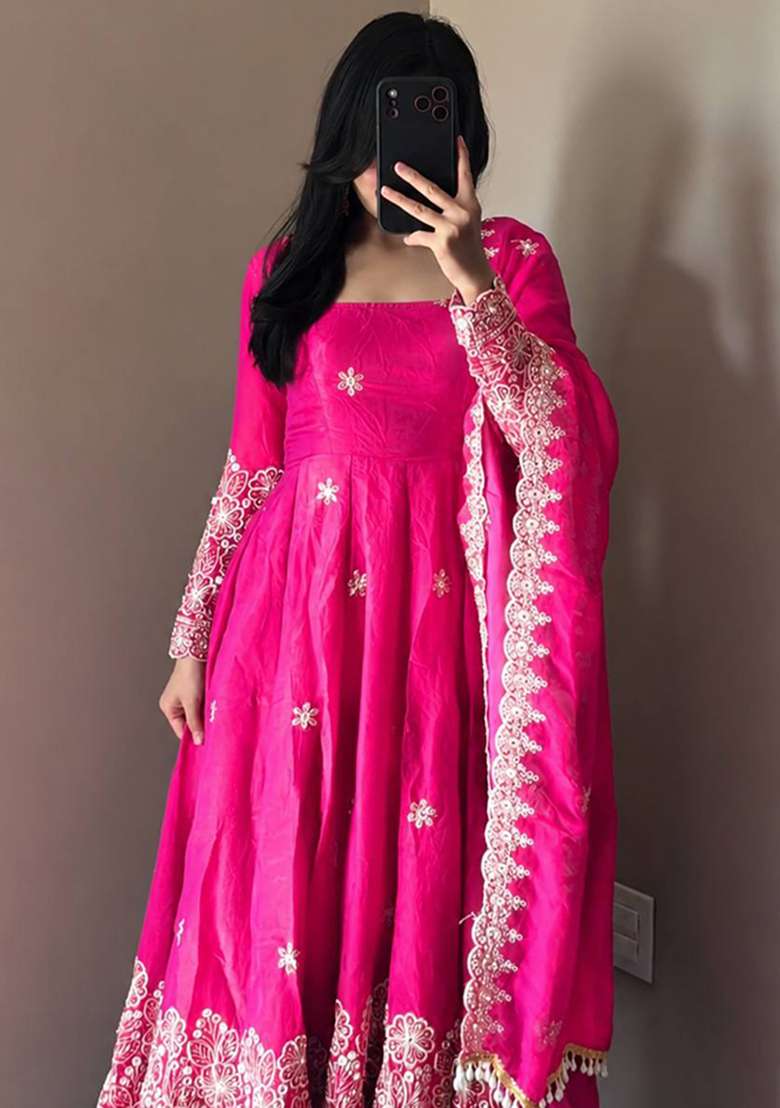 Pink Embroidery Silk Gown Set - Indya
