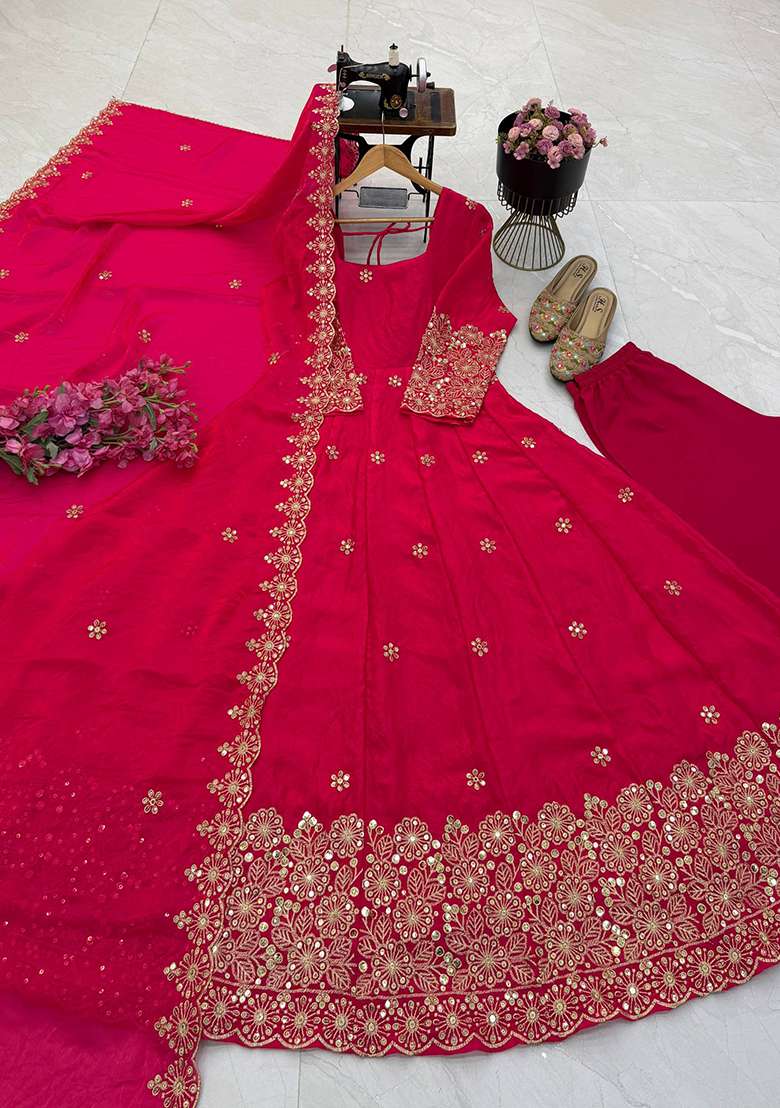 Pink Embroidery Silk Gown Set - Indya