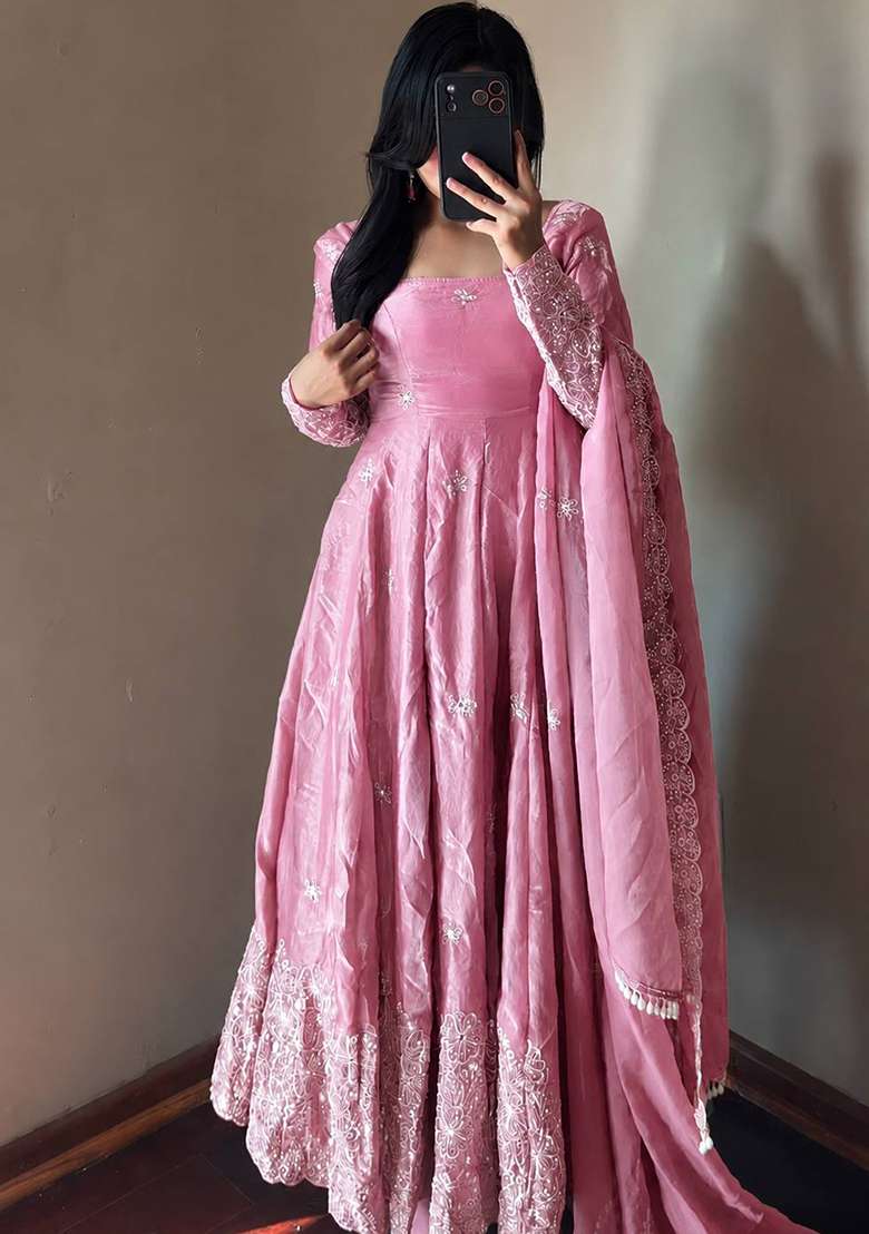Blush Pink Embroidery Silk Gown Set - Indya