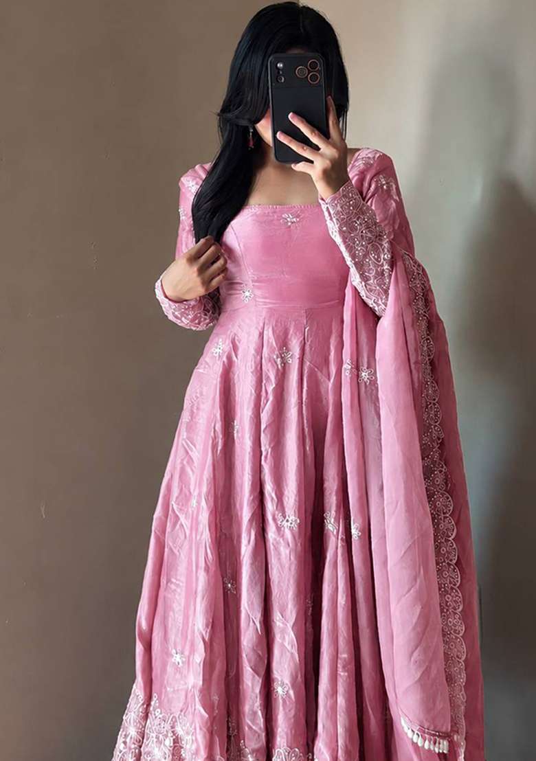 Blush Pink Embroidery Silk Gown Set - Indya