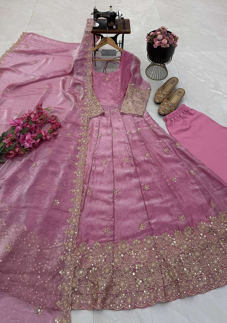 Blush Pink Embroidery Silk Gown Set - Indya