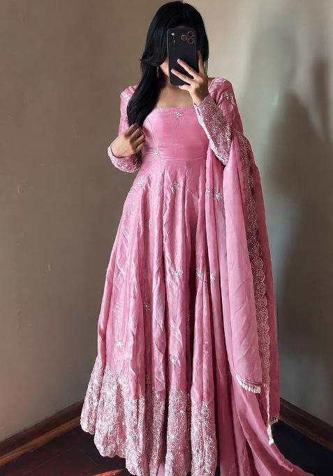 Blush Pink Embroidery Silk Gown Set