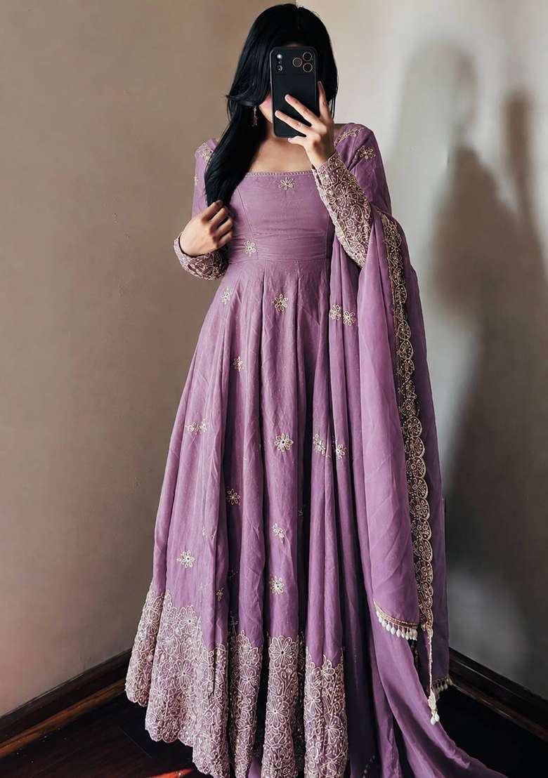 Lavender Embroidery Silk Gown Set - Indya
