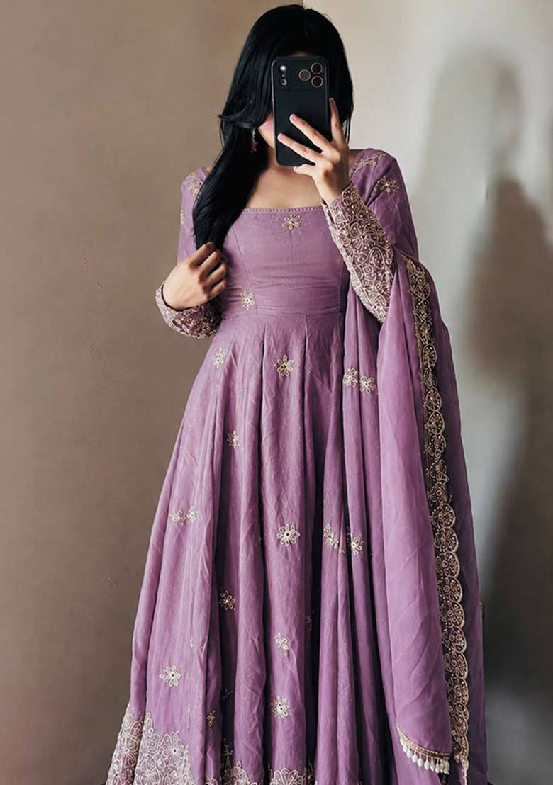 Lavender Embroidery Silk Gown Set - Indya