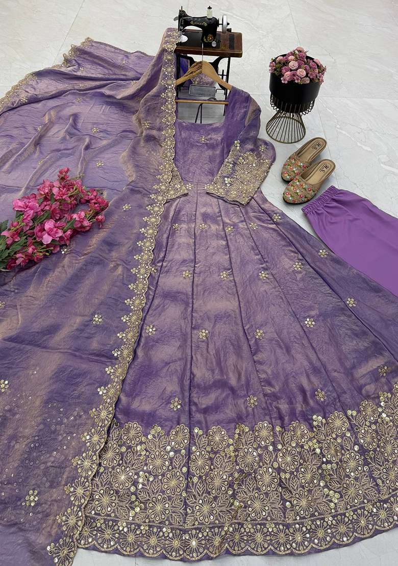 Lavender Embroidery Silk Gown Set - Indya