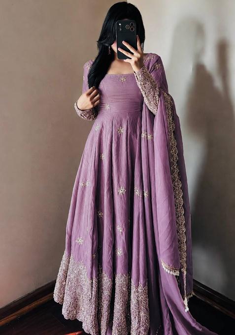 Lavender Embroidery Silk Gown Set