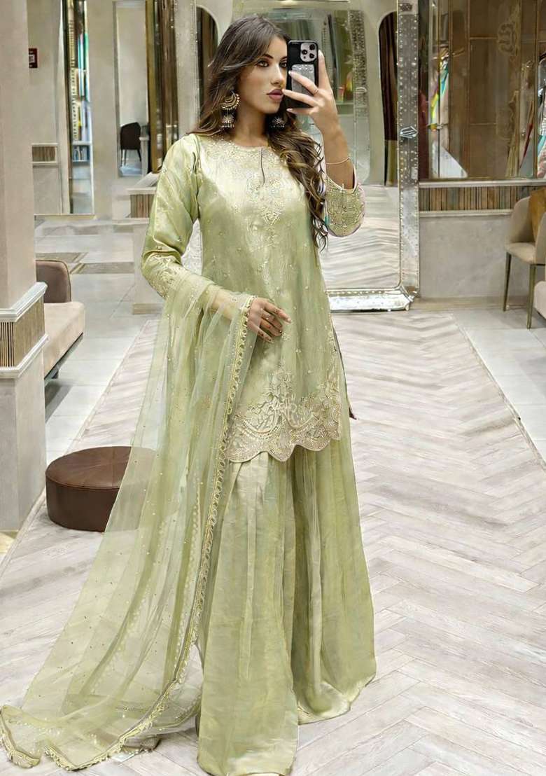 Pista Embroidery Silk Palazzo Set - Indya