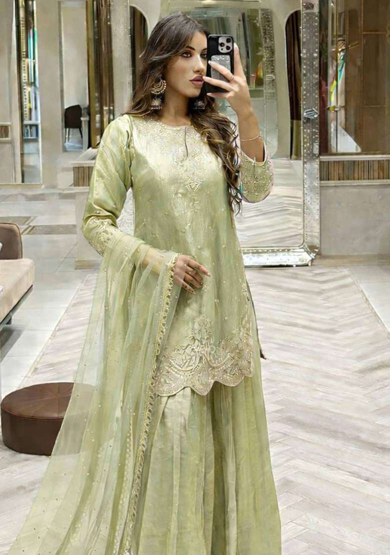 Pista Embroidery Silk Palazzo Set - Indya