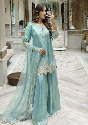 Sky Blue Embroidery Silk Palazzo Set