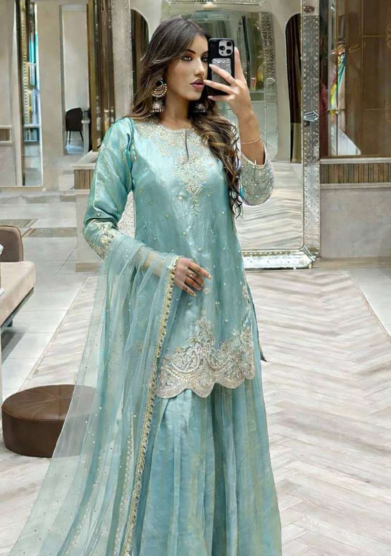 Sky Blue Embroidery Silk Palazzo Set - Indya