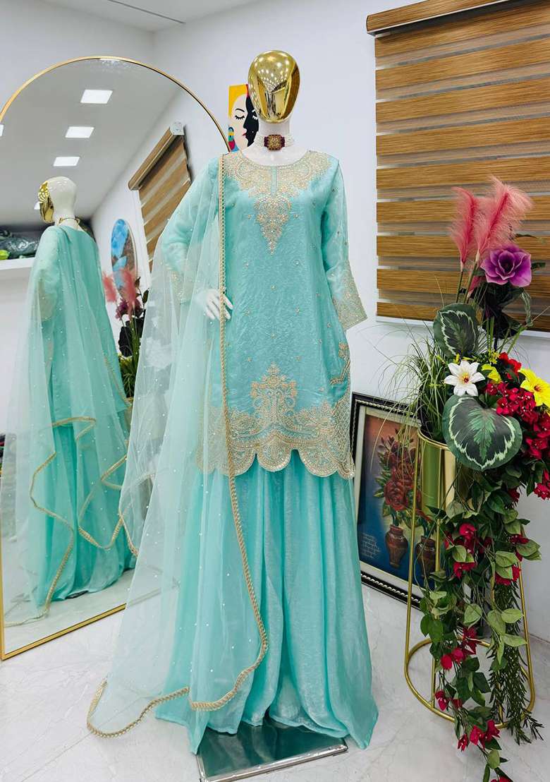 Sky Blue Embroidery Silk Palazzo Set - Indya