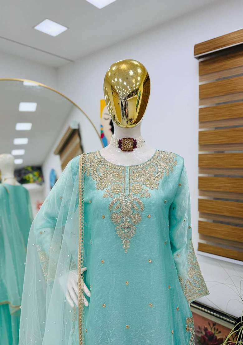 Sky Blue Embroidery Silk Palazzo Set - Indya