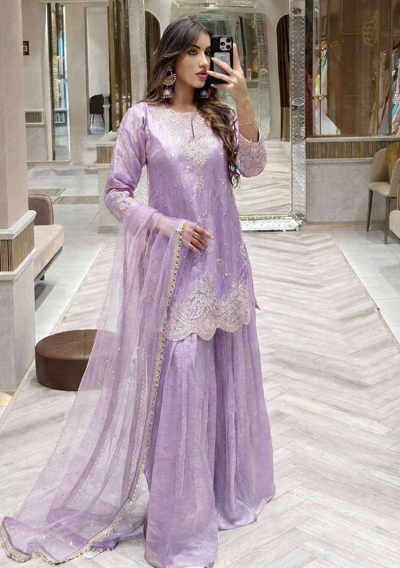 Lavender Embroidery Silk Palazzo Set - Indya