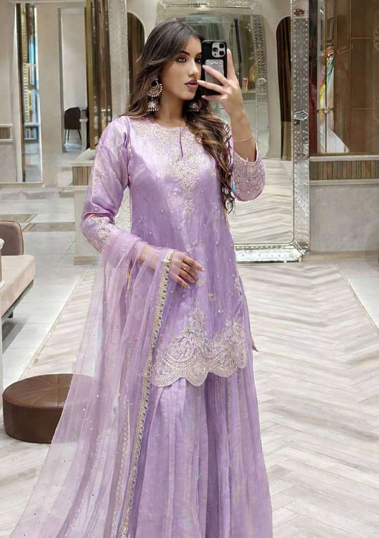Lavender Embroidery Silk Palazzo Set - Indya