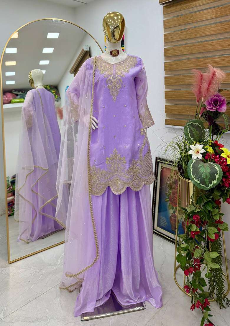Lavender Embroidery Silk Palazzo Set - Indya
