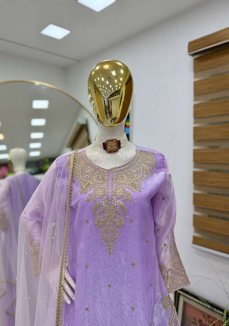 Lavender Embroidery Silk Palazzo Set - Indya