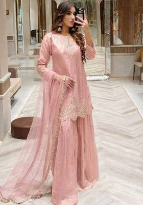 Blush Pink Embroidery Silk Palazzo Set
