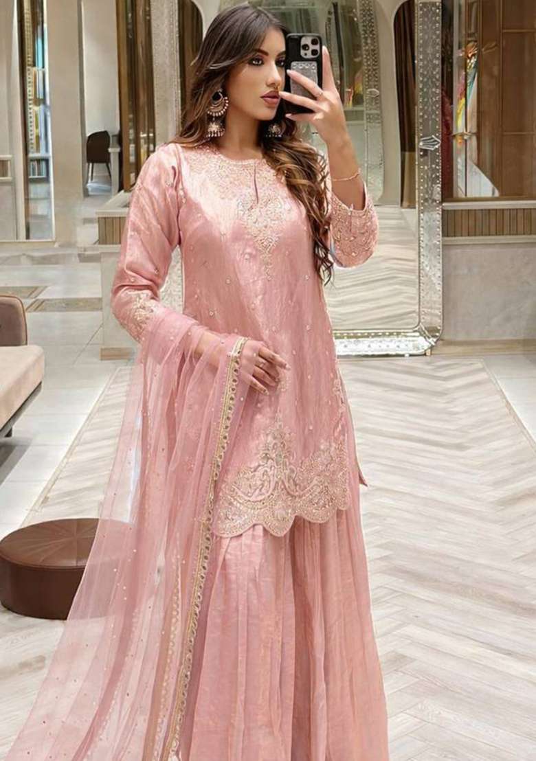 Blush Pink Embroidery Silk Palazzo Set - Indya