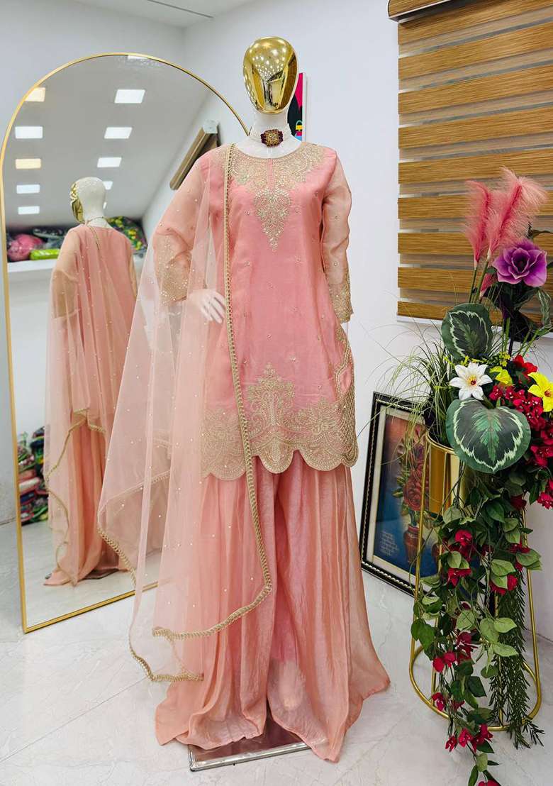 Blush Pink Embroidery Silk Palazzo Set - Indya