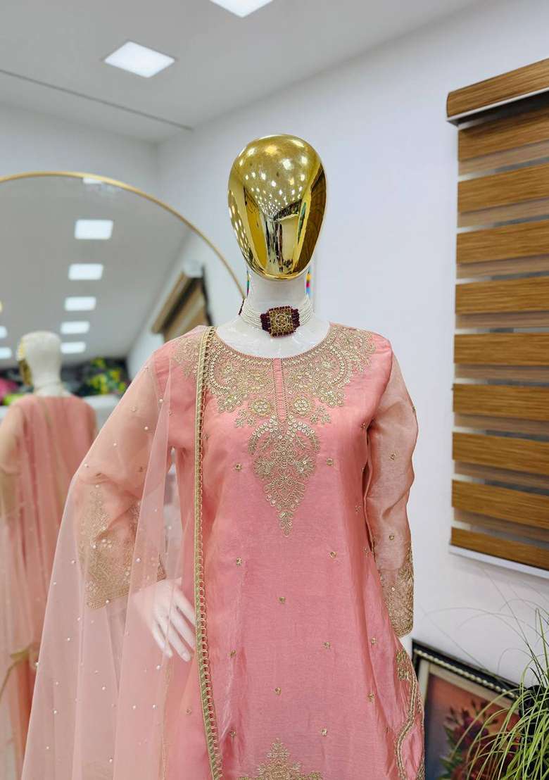 Blush Pink Embroidery Silk Palazzo Set - Indya