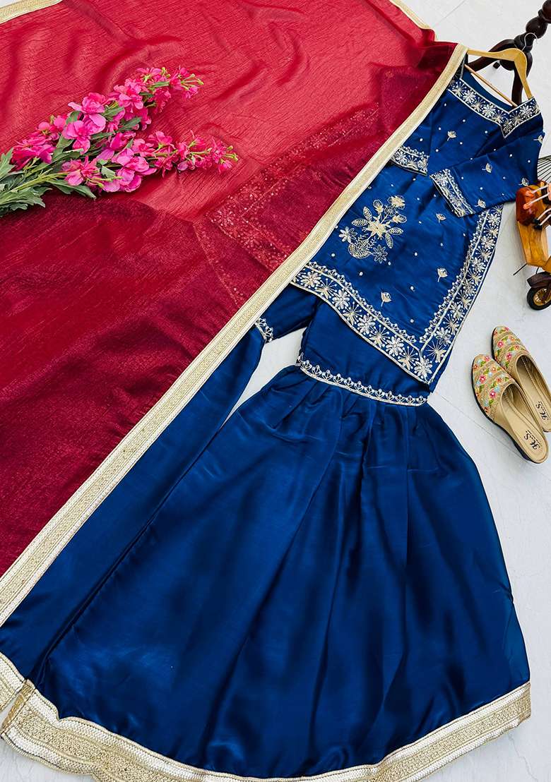 Blue Embroidery Jimmy Choo Palazzo Set - Indya