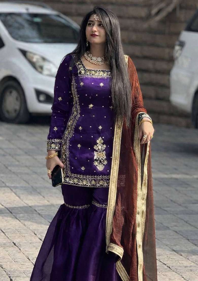 Purple Embroidery Jimmy Choo Palazzo Set - Indya