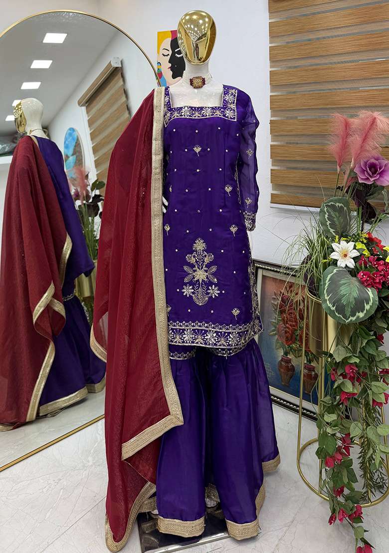 Purple Embroidery Jimmy Choo Palazzo Set - Indya