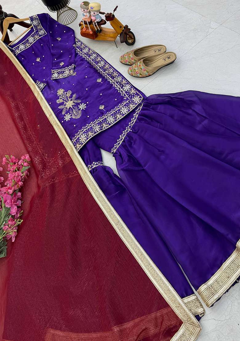 Purple Embroidery Jimmy Choo Palazzo Set - Indya
