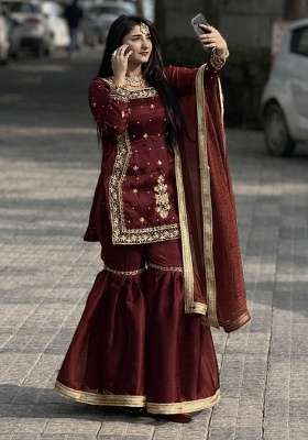 Maroon Embroidery Jimmy Choo Palazzo Set