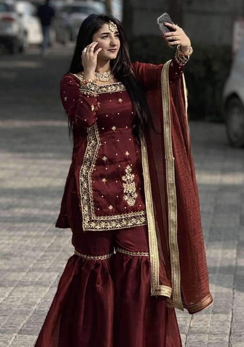 Maroon Embroidery Jimmy Choo Palazzo Set - Indya