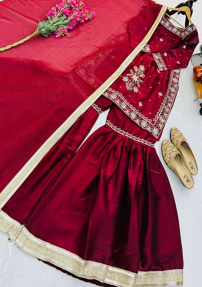 Maroon Embroidery Jimmy Choo Palazzo Set - Indya
