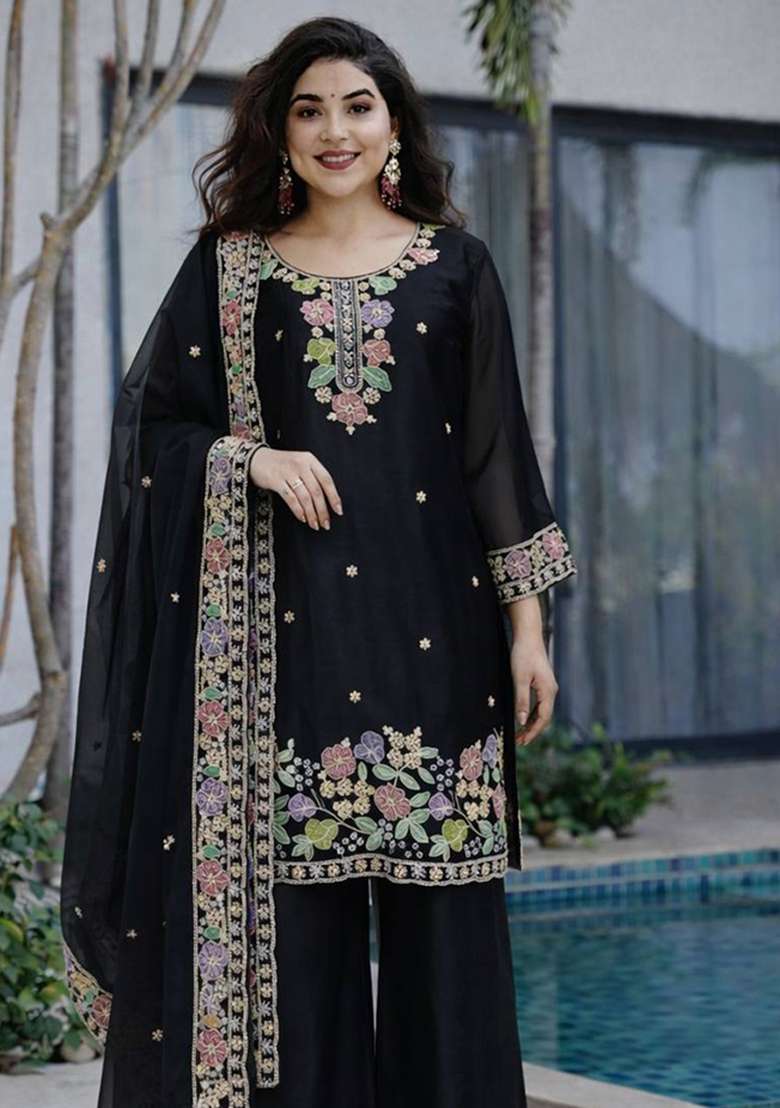 Black Embroidery Jimmy Choo Palazzo Set - Indya