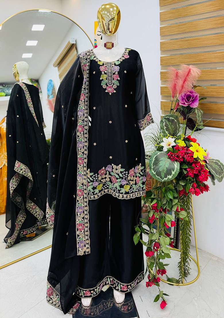 Black Embroidery Jimmy Choo Palazzo Set - Indya