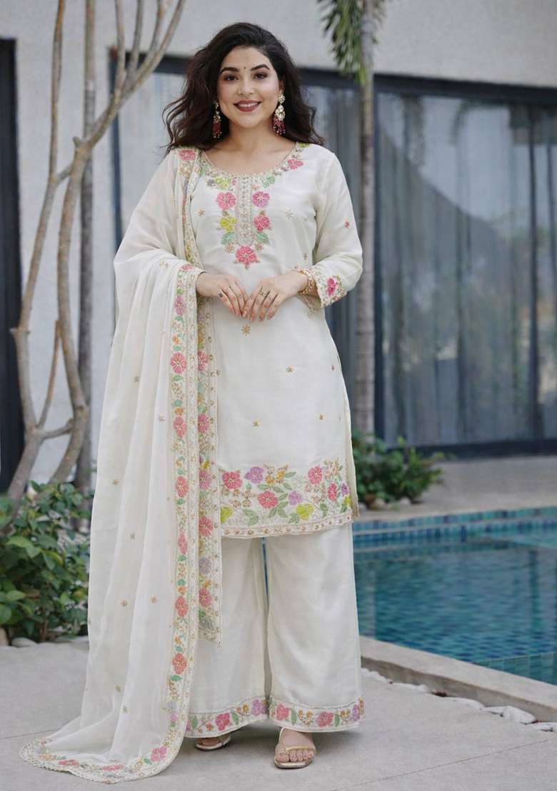 White Embroidery Jimmy Choo Palazzo Set - Indya