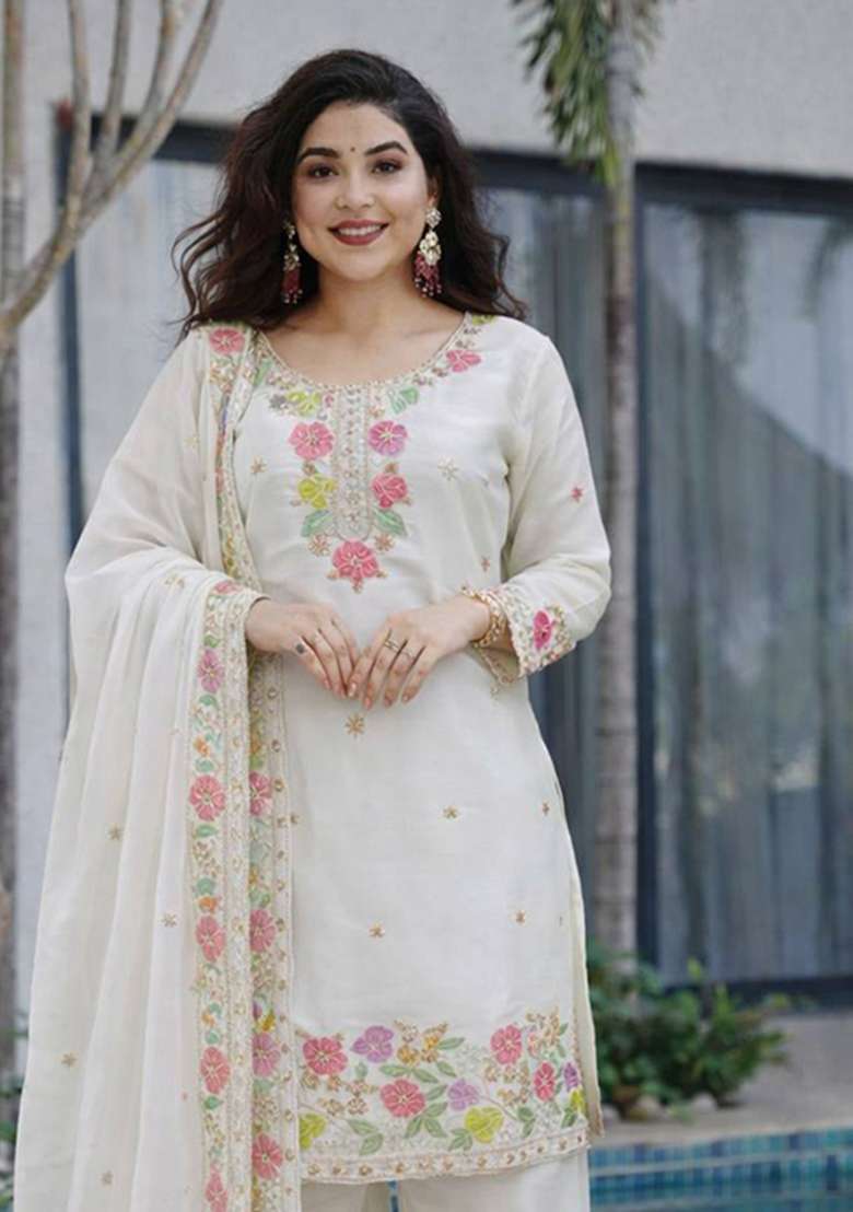 White Embroidery Jimmy Choo Palazzo Set - Indya