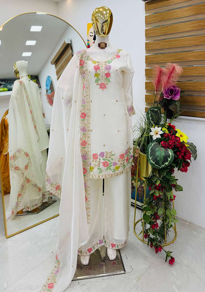 White Embroidery Jimmy Choo Palazzo Set - Indya