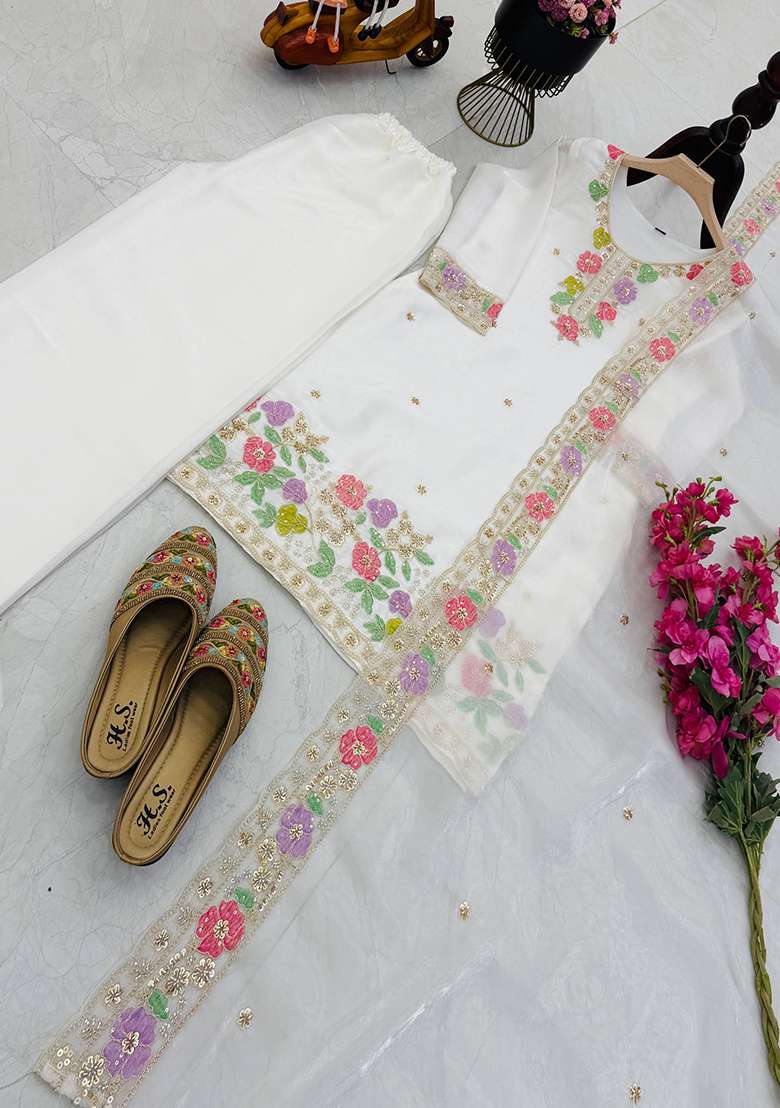 White Embroidery Jimmy Choo Palazzo Set - Indya