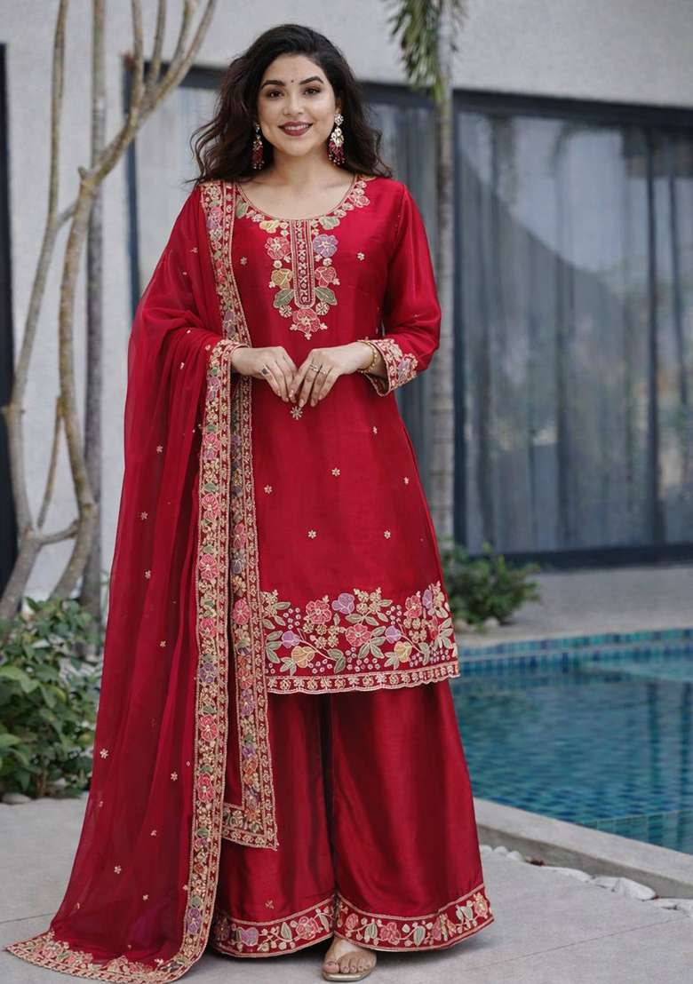 Maroon And Red Embroidery Jimmy Choo Palazzo Set - Indya