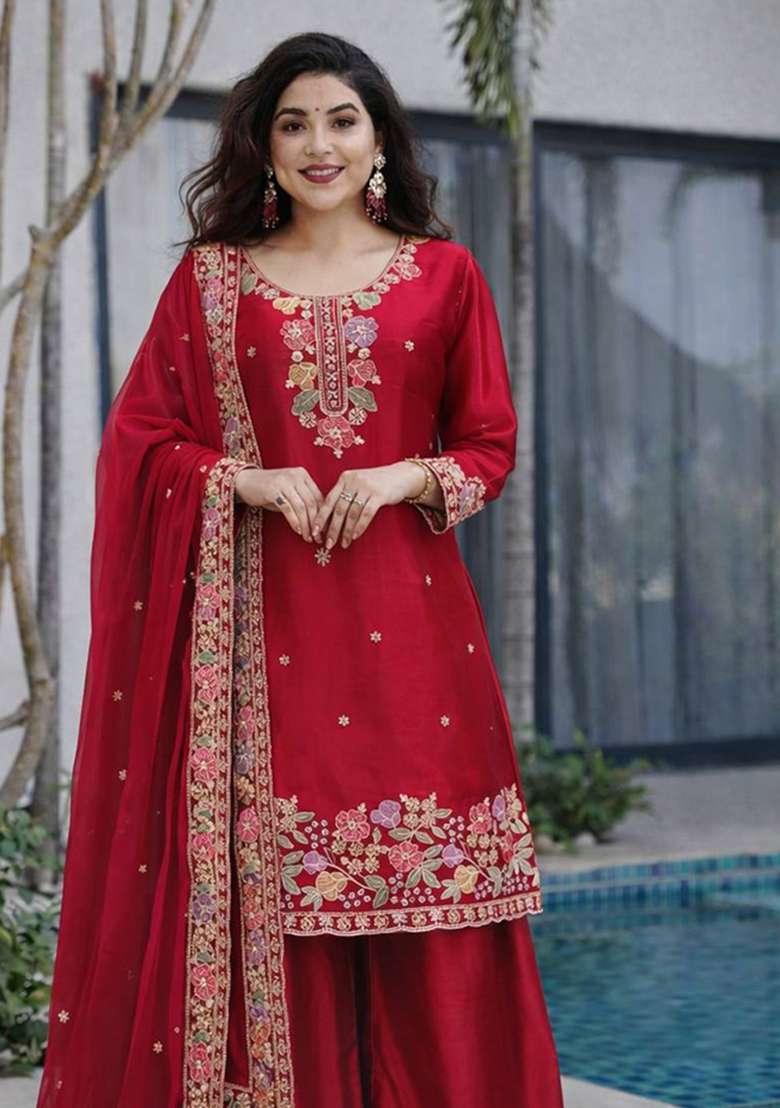 Maroon And Red Embroidery Jimmy Choo Palazzo Set - Indya