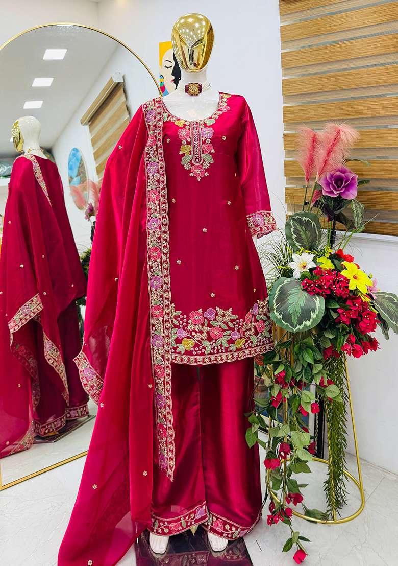 Maroon And Red Embroidery Jimmy Choo Palazzo Set - Indya