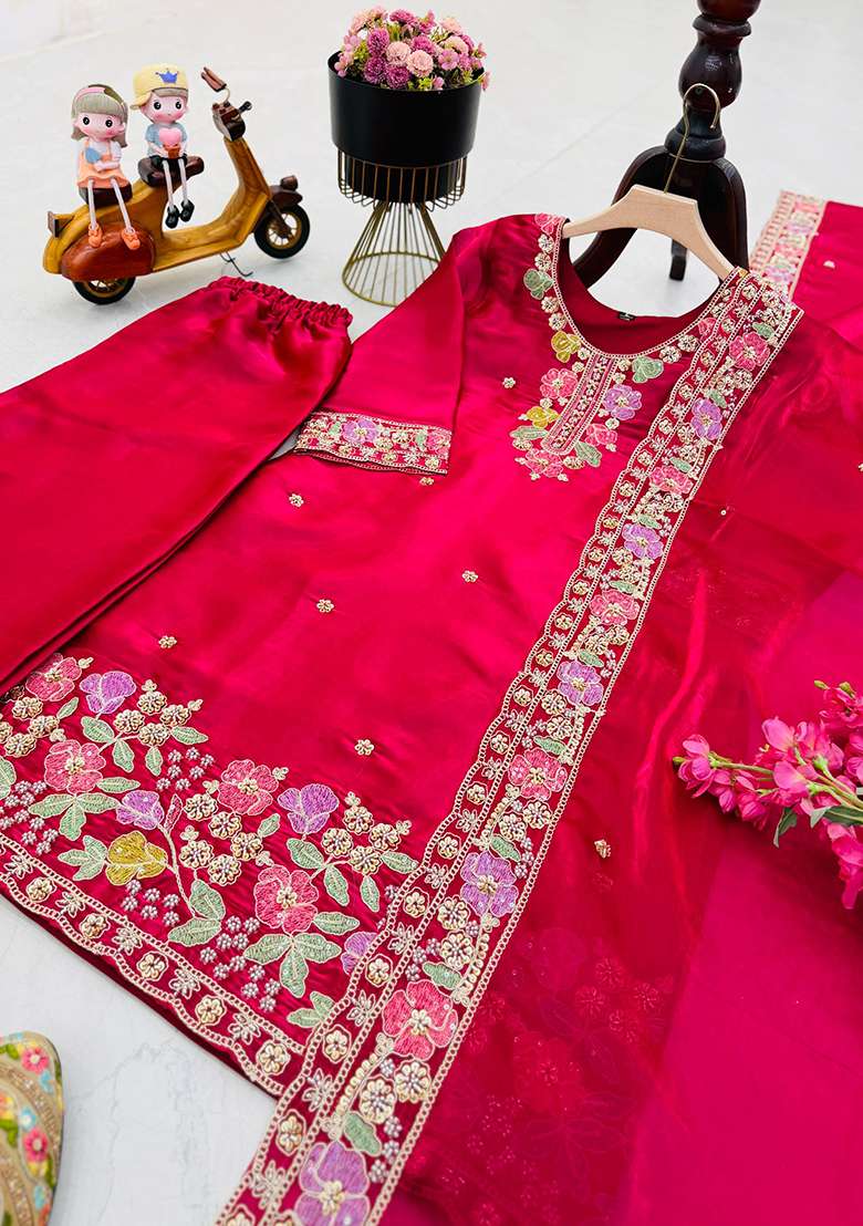 Maroon And Red Embroidery Jimmy Choo Palazzo Set - Indya