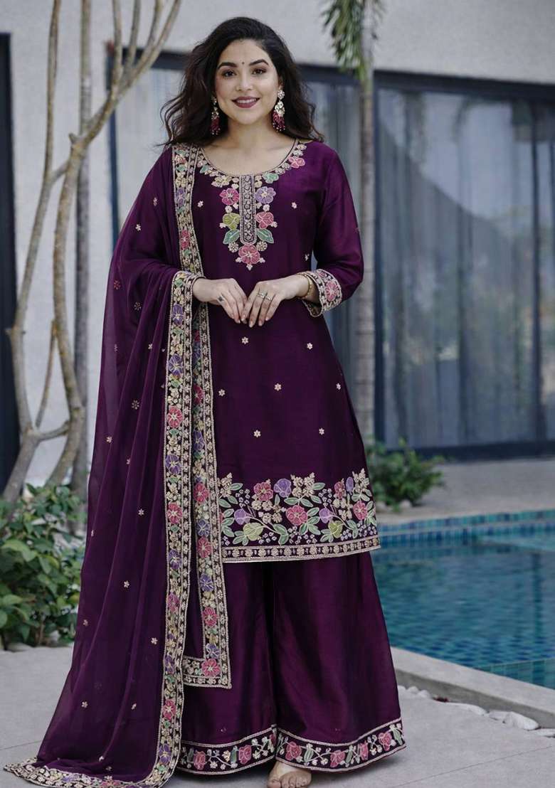 Wine Embroidery Jimmy Choo Palazzo Set - Indya