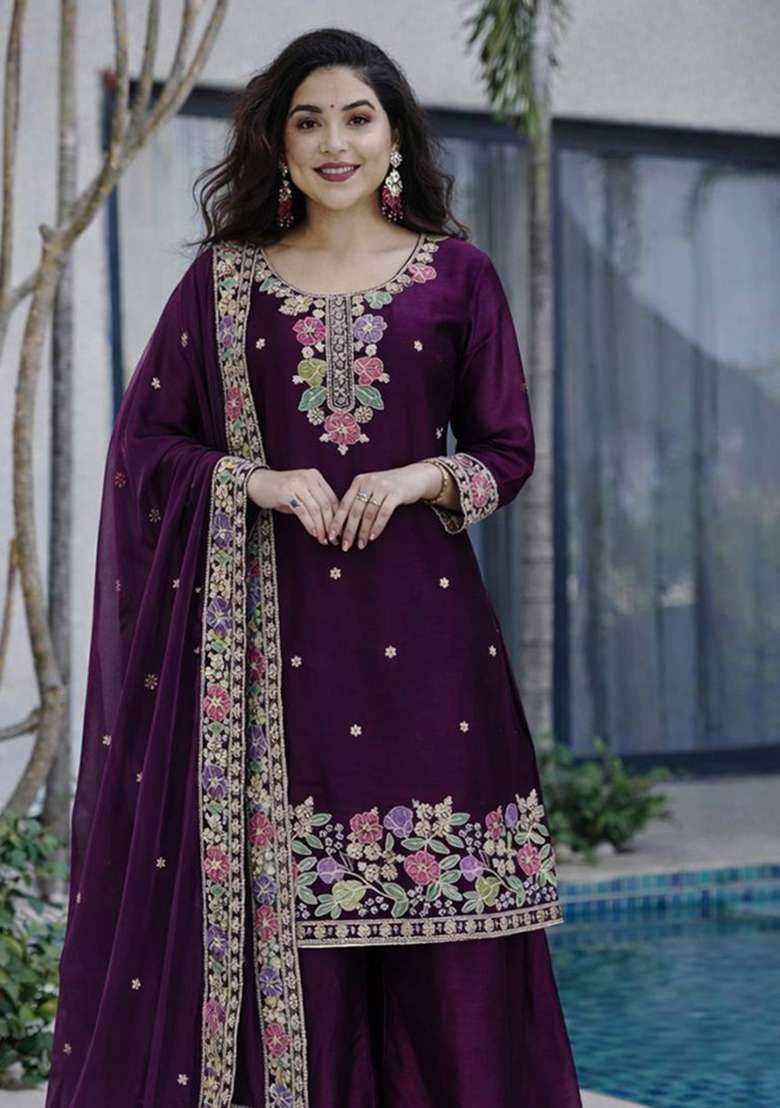 Wine Embroidery Jimmy Choo Palazzo Set - Indya