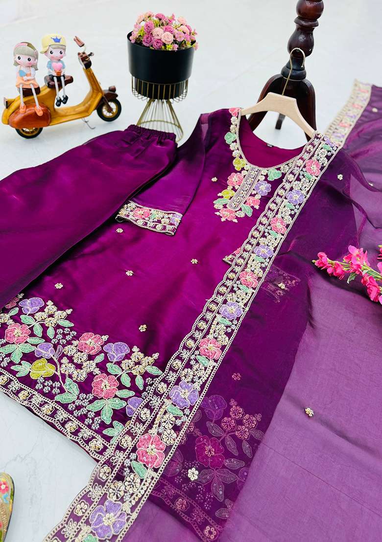Wine Embroidery Jimmy Choo Palazzo Set - Indya