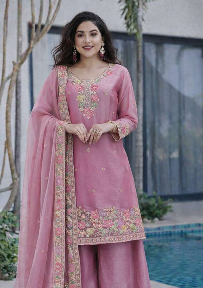 Blush Pink Embroidery Jimmy Choo Palazzo Set - Indya