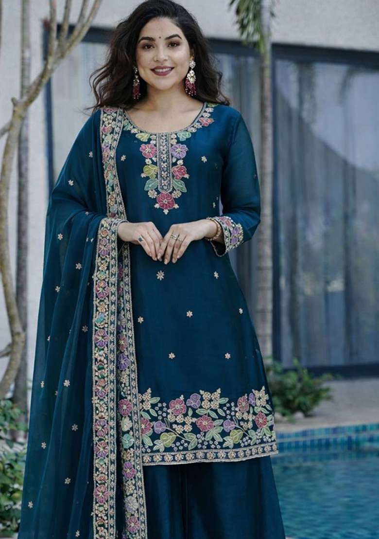 Blue Embroidery Jimmy Choo Palazzo Set - Indya