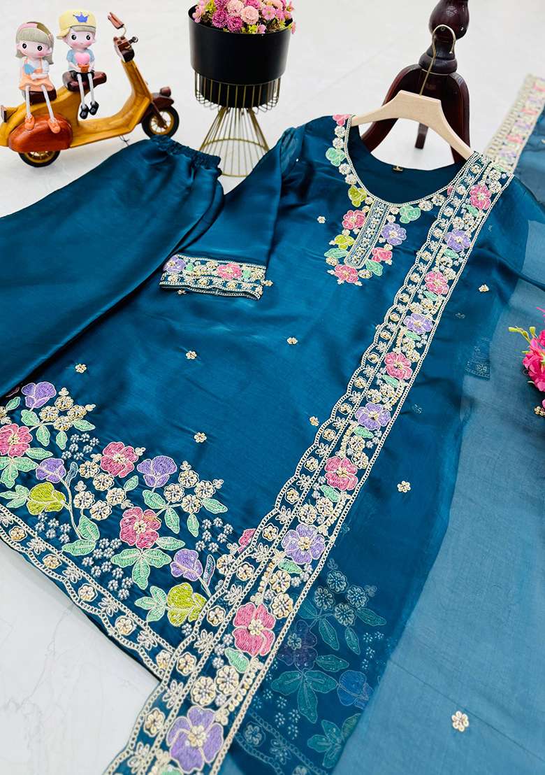 Blue Embroidery Jimmy Choo Palazzo Set - Indya