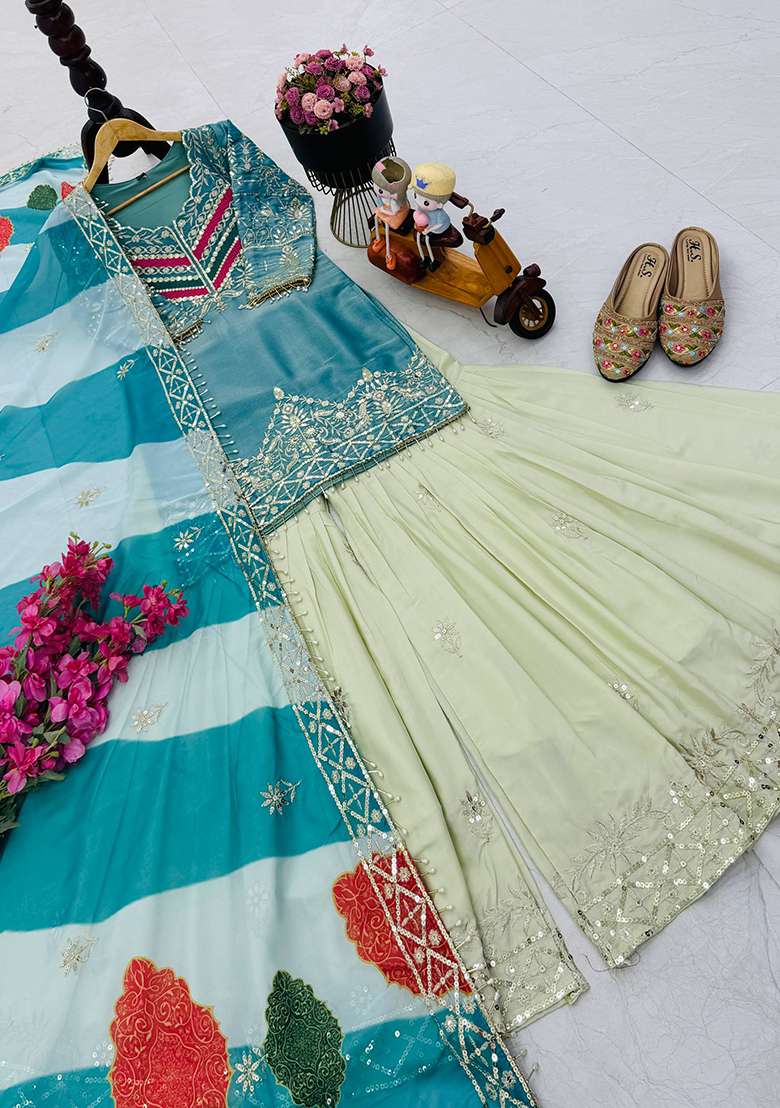 Sky Blue Embroidery Fendi Palazzo Set - Indya