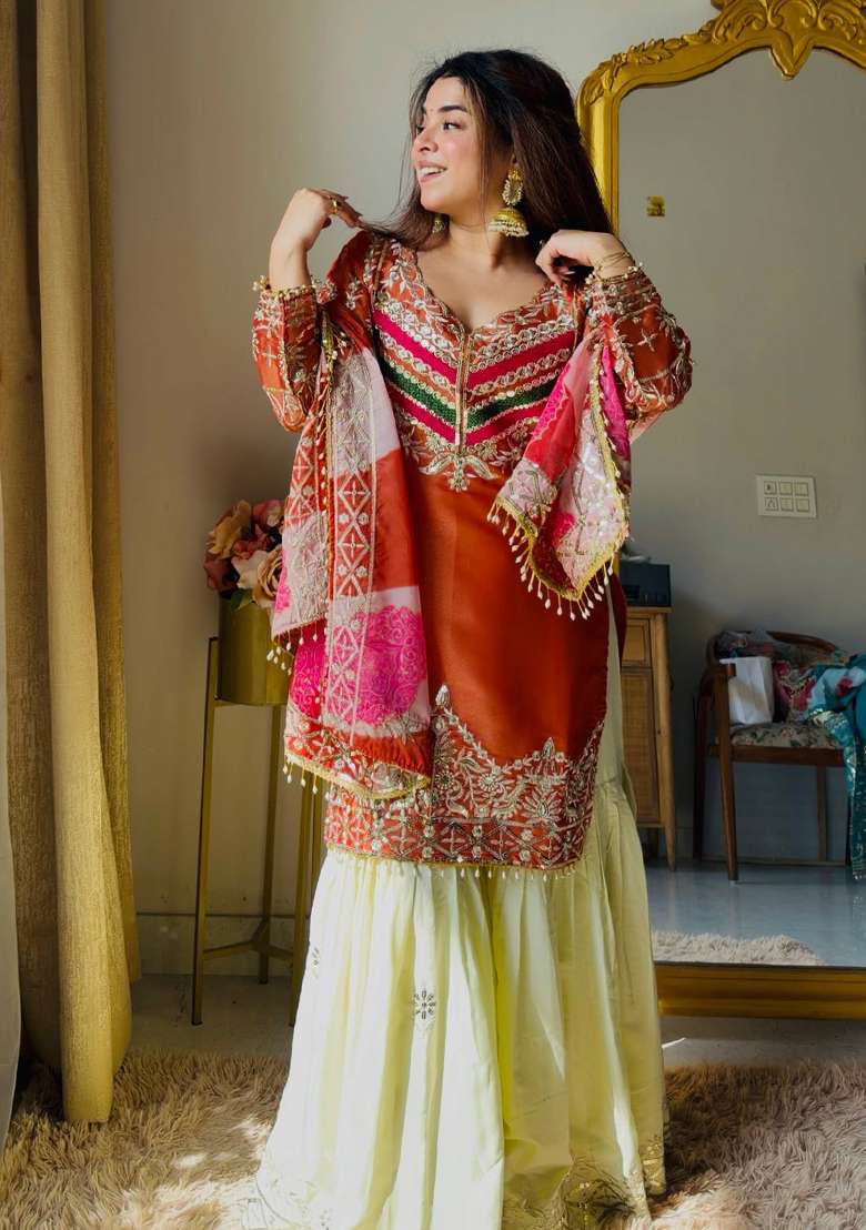 Rust Embroidery Fendi Palazzo Set - Indya