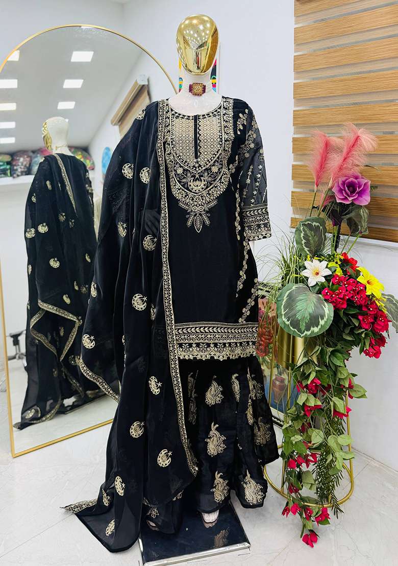 Black Embroidery Jimmy Choo Palazzo Set - Indya